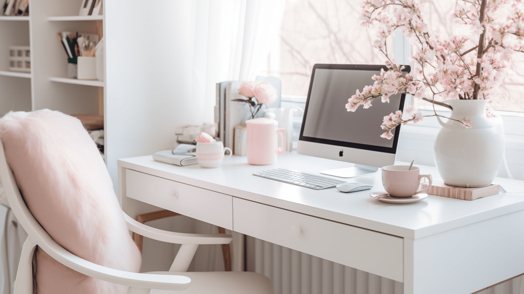 Bureau d'une télésecrétaire médicale indépendante - espace de travail féminin, calme et organisé