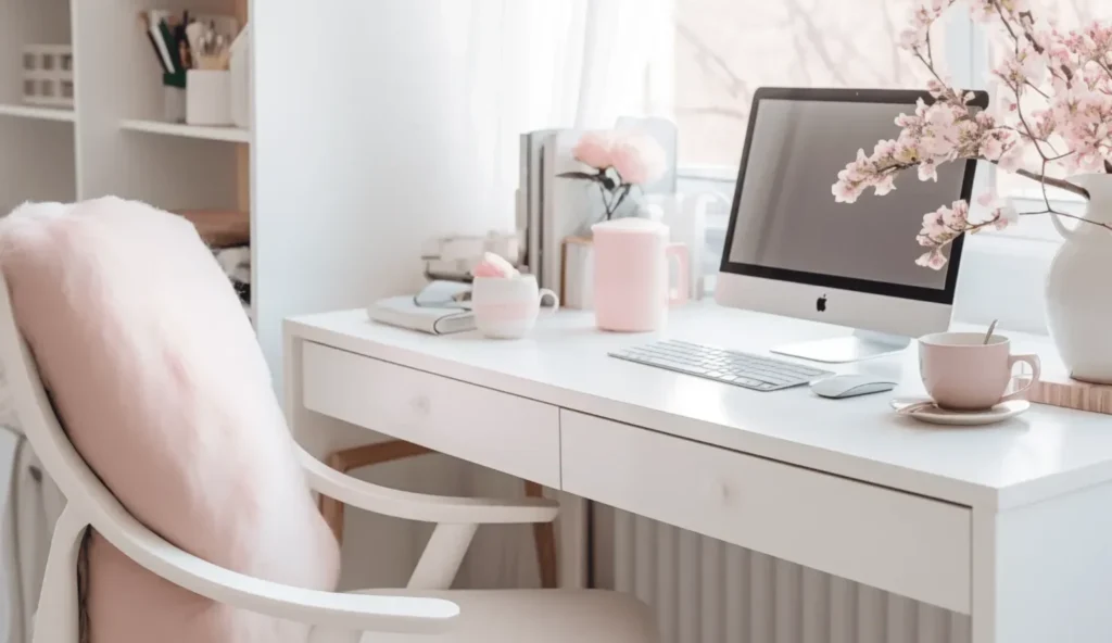 Bureau d'une télésecrétaire médicale indépendante - espace de travail féminin, calme et organisé